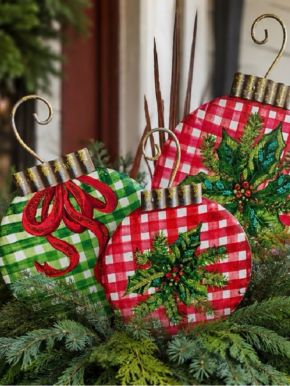 Holiday Plaid Ornament Décor Set of 3 - Red & Green Metal Stakes
